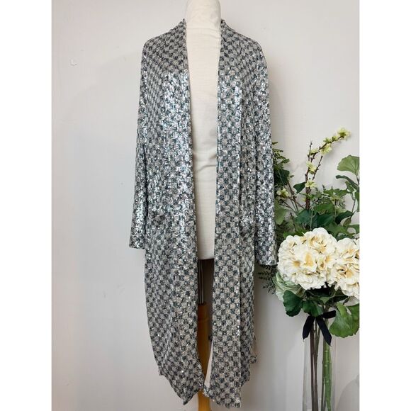 Steve Madden Shae Silver Sequin Longline Duster Jacket | Medium | Anthropologie - Picture 1 of 12